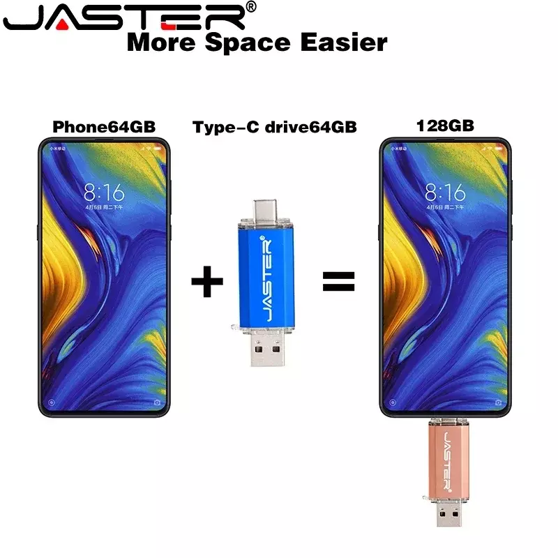 JASTER TYPE-C โทรศัพท์สมาร์ทแฟลชไดรฟ์ USB ไดรฟ์ปากกาโลหะ Golden ความเร็วสูง Memory Stick U Disk 16GB 32GB 64GB 128GB
