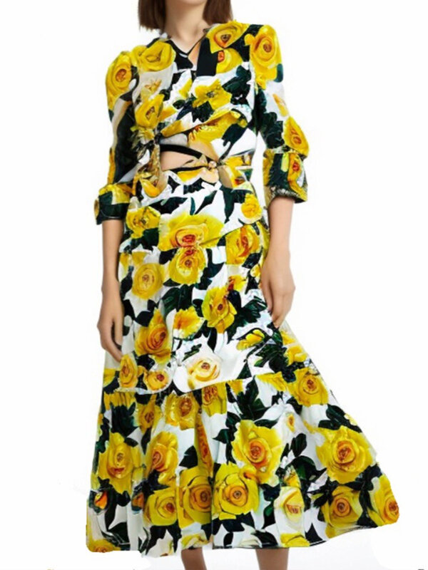 Женский костюм из двух предметов, белая короткая блузка с принтом в виде желтых роз и большая юбка, весна-лето 2024