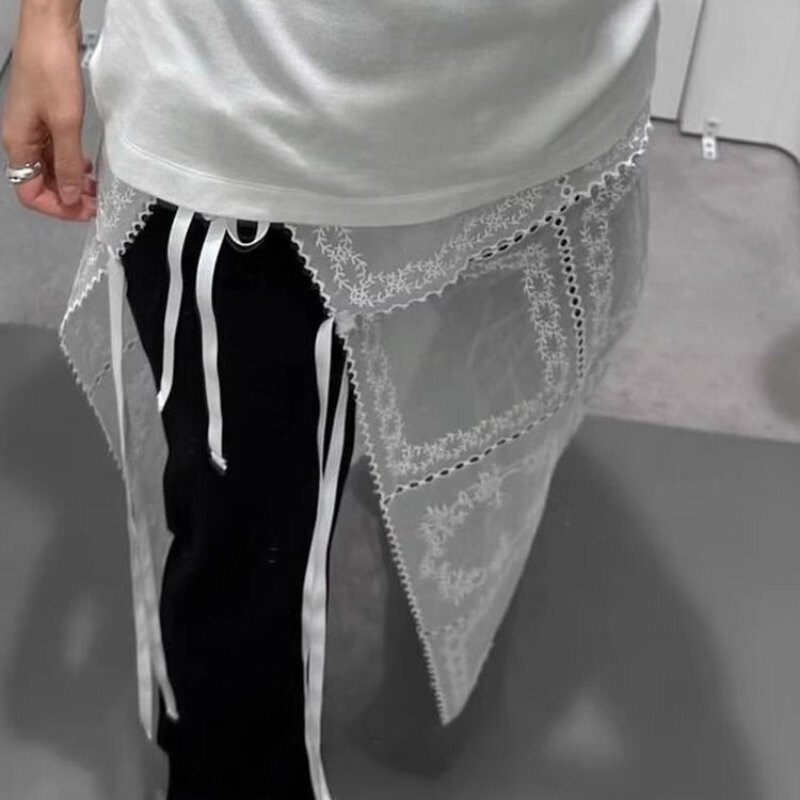 Deeptown-faldas de encaje de estilo coreano para mujer, ropa de calle Retro de tul Vintage Harajuku, superposición de malla, falda larga con cordones, color blanco Y2k de los años 2000