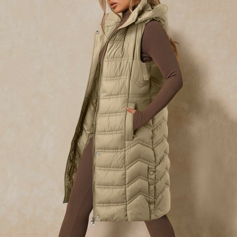 Женский Длинный Зимний пуховик с капюшоном, теплая пуховая куртка без рукавов, уличная безрукавка с карманами, уличная одежда на молнии, верхняя одежда