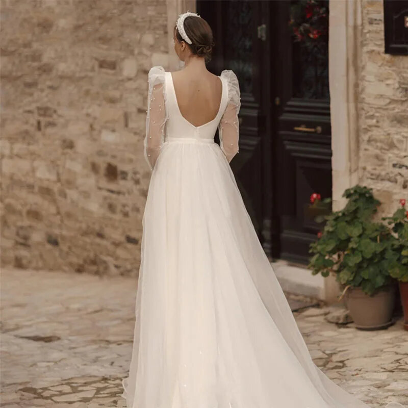 A-line Elegant and Simple Square Neck Satin Lace Long Sleeve Pearl Open Back Sexy Side Split Bridal Custom Wedding Dress