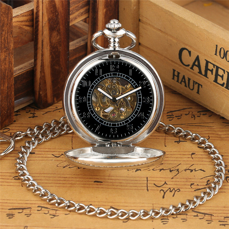 Retro Prata Oco Phoenix Relógio de Bolso, Mecânica, Mecânica, Número árabe Dial, Fob Pingente, Relógios Chain, Presente Relógio