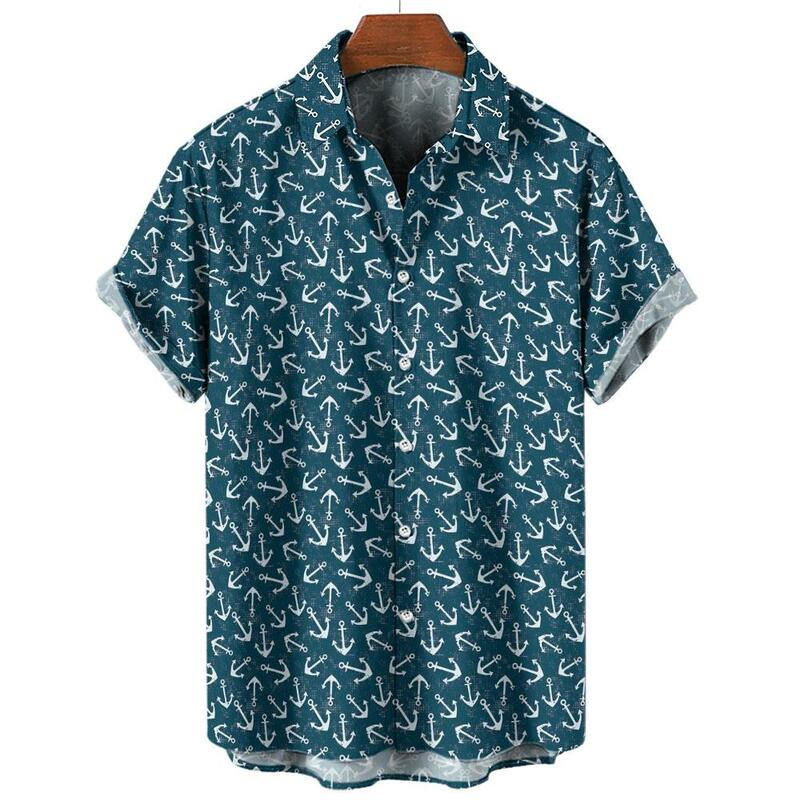 قميص رجالي ثلاثي الأبعاد مطبوع بمرساة القارب ، قمم قصيرة الأكمام ، ملابس رجالية صيفية غير رسمية ، قمصان هاواي فضفاضة كبيرة الحجم ، الموضة