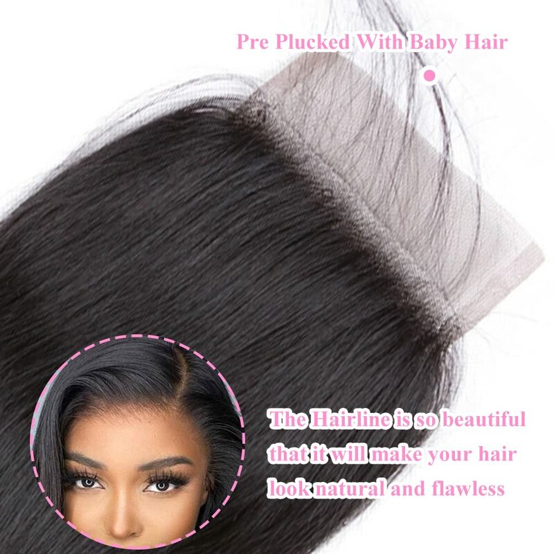 Straight Bundles and Closure Brazilian Human Hair 3 Bundles with 4x4 HD Closure Pre Plucked Natural Black Bundles with Closure