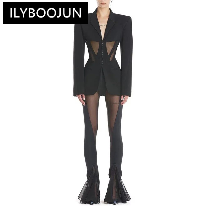 Новинка 2023 года, пикантный черный блейзер, облегающий блейзер с сетчатыми вставками, длинные расклешенные брюки, женский костюм