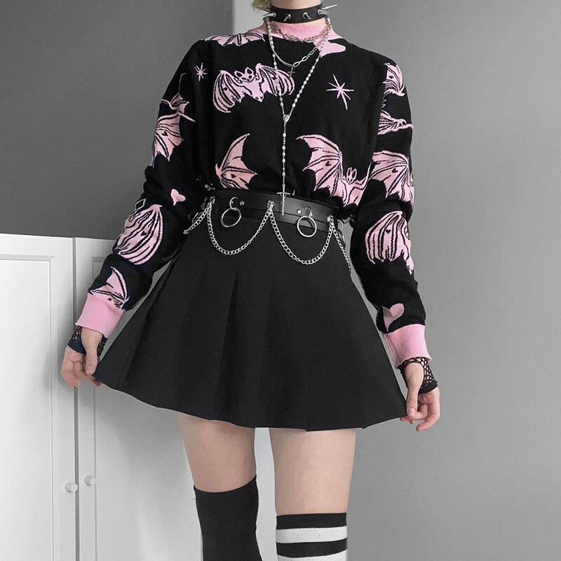Sweter lengan panjang motif kelelawar untuk wanita, atasan pullover pakaian jalanan leher kru baru mode musim gugur 2023 gaya gelap Halloween