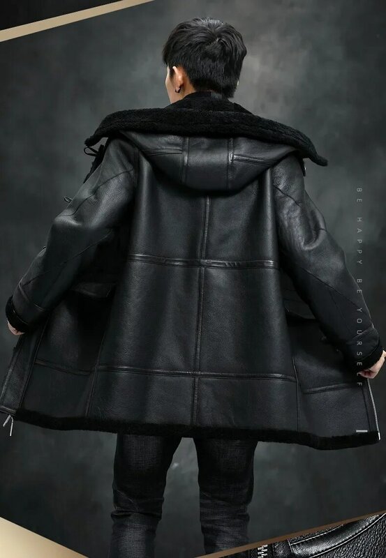 Abrigo de piel Natural con capucha para hombre, chaquetas integradas de piel auténtica originales, ropa de piel, Tops cálidos, medio largo, Invierno