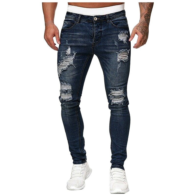 New Mens Blue Hold Casual Solid Slim Fit Simple Denim Pants Fashion Male Cargo Pants Street Jeans Hip Hop Denim Trousers 2024