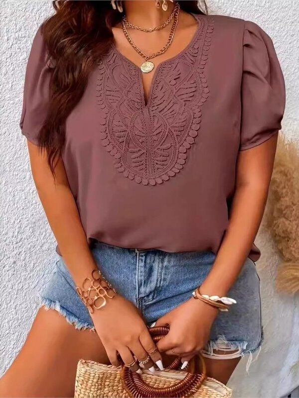 Plus Size Summer V-Neck Pullover Tops Women Floral Embroidery Modis Casual Short Sleeve Ladies Blouses Loose Pleated Woman Tops