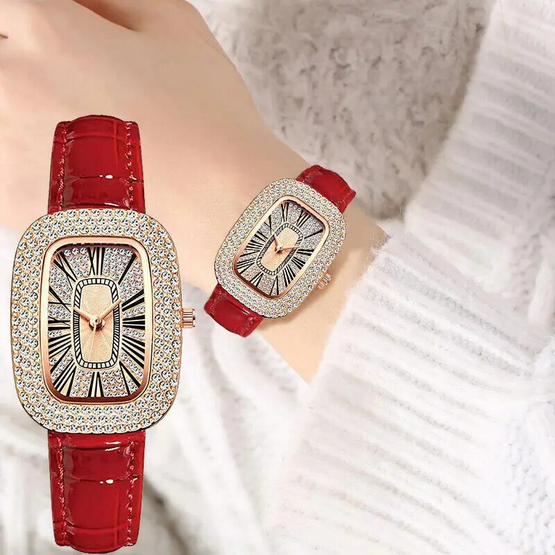 Relogio-여성 패션 타원형 시계, 그린 시계, 럭셔리 크리스탈 케이스 가죽 밴드, 쿼츠 손목 시계, 저렴한 가격