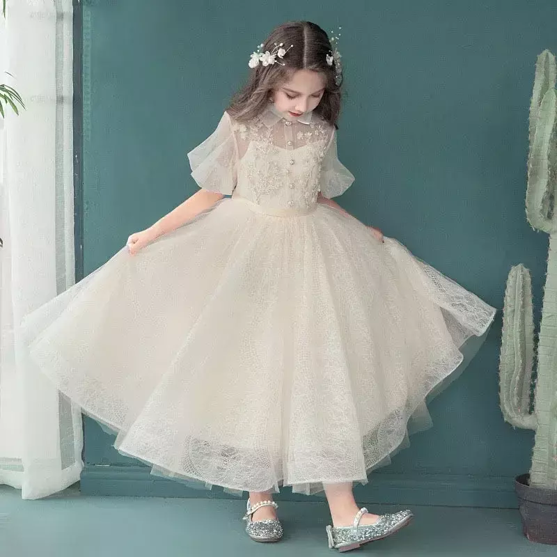 子供のふわふわのガーゼのプリンセスドレス、花の女の子の結婚式のドレス、小さな女の子の誕生日のドレス、ピアノのパフォーマンスドレス、ホストのイブニングドレス