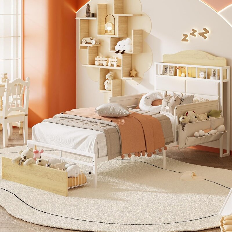เตียงเด็กแพลตฟอร์มโลหะทนทานแบบไม่มีกล่องสปริงหัวเตียงอเนกประสงค์พร้อมแท่นชาร์จไร้เสียงรบกวนสีขาว