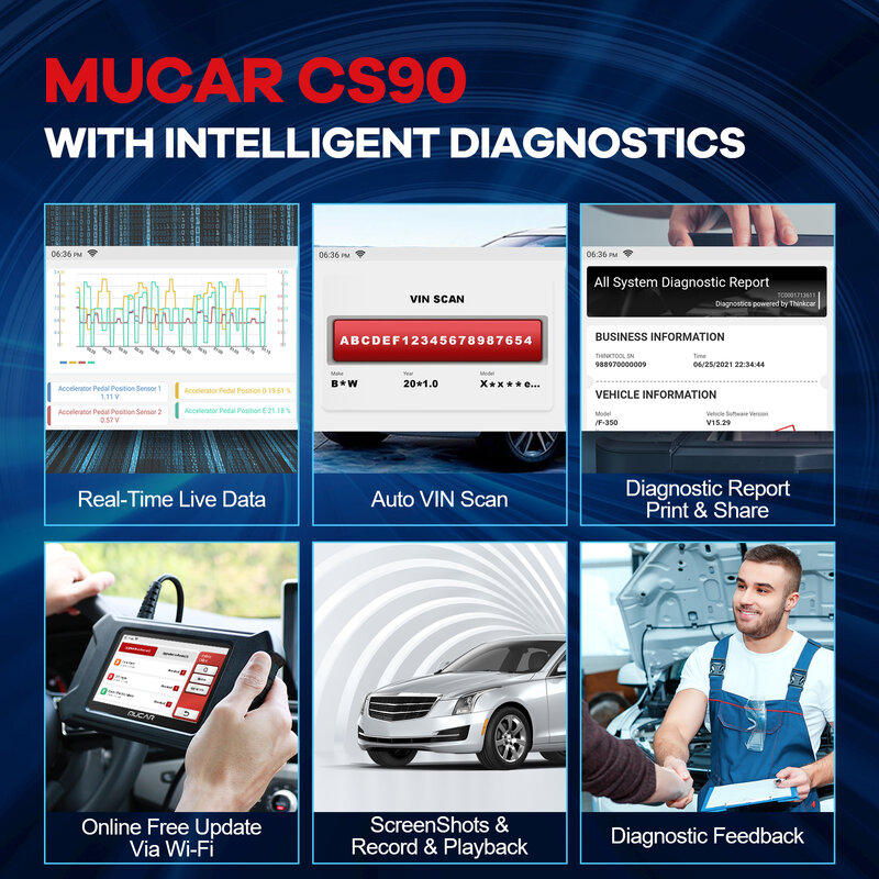 MUCAR CS90 전문 OBD2 스캐너 도구, ECM 시스템, 28 개 유지 보수 서비스, 평생 무료 업데이트, 모든 자동차 스캔 진단 도구