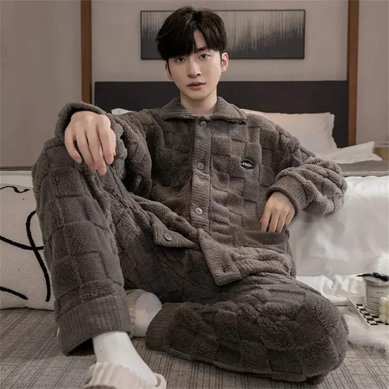 Conjuntos de pijama coral confortável masculino, roupa caseira espessa, pijamas de lã quente, inverno, 3XL, 2 peças