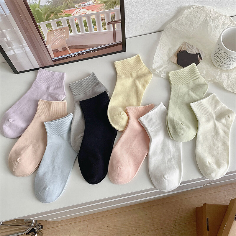 Conjunto de meias curtas de algodão para mulheres, macio e respirável, cor doce, cor lisa, casual, verão, 3 pairs