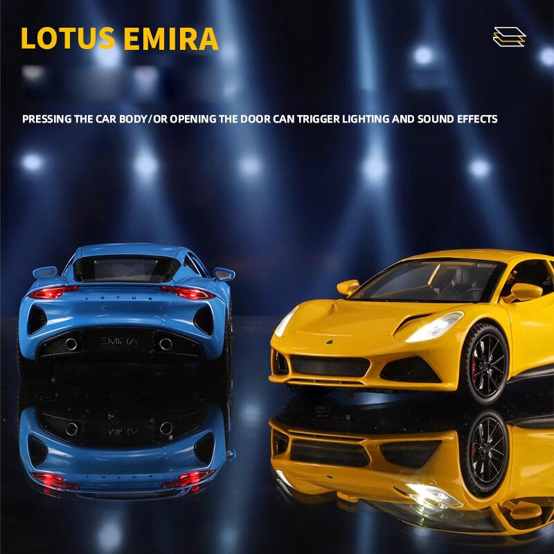 Modelo de liga de metal Lotus Emira, carro de corrida, carro leve e som, coleção de brinquedos infantil, 1:24