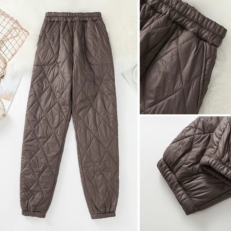Ультралегкие ветрозащитные стеганые теплые брюки, повседневная одежда для снега, зимние брюки, женские эластичные толстые мешковатые спортивные штаны с высокой талией для мам