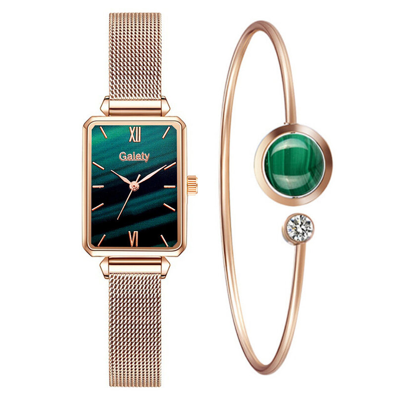 นาฬิกาผู้หญิงชุดสร้อยข้อมือแฟชั่นสุภาพสตรีนาฬิกาหน้าปัดทรงสี่เหลี่ยมหญิง Casual หนังนาฬิกาข้อมือควอตซ์ทองคำสีกุหลาบ Relogio Feminino 2022