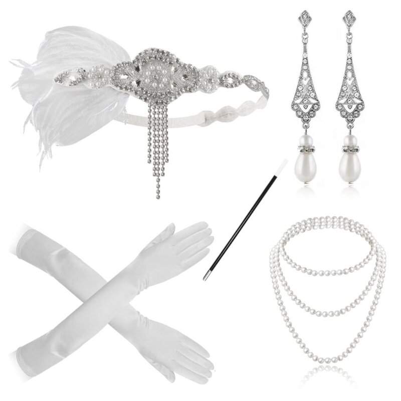 Accessori vintage anni '20 stile flapper con copricapo, guanti, collana, orecchini F0S4