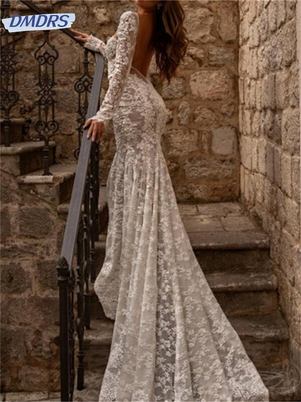 Vestido de noiva de manga longa clássico, Vestido de casamento sexy sem encosto, vestido romântico, até o chão, 2024