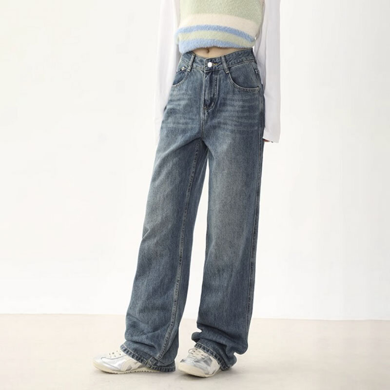 Pantalones vaqueros Vintage de pierna recta para mujer, Jeans básicos de cintura alta, pantalones de mezclilla de alta calidad, estética, azul