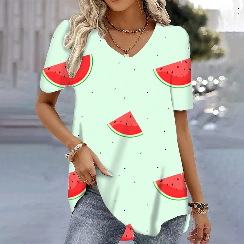 Funny Short Sleeve Casual Ladies Fashion Graphic Tees Women Watermelon Printed V-neck Pullovers Summer Tee Clothing T-shirts
