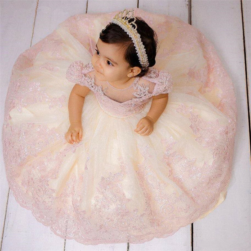 Śliczne różowa koronka dziewczęca sukienka w kwiaty maluszek mały tiul suknia urodzinowa dla dzieci ubrania na ślub urodziny koszula z krótkim rękawem suknia