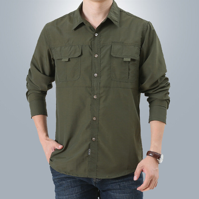 Мужская армейская рубашка с длинным рукавом, осенняя дышащая тактическая рубашка с отложным воротником, одежда большого размера для активного отдыха, походов, рыбалки