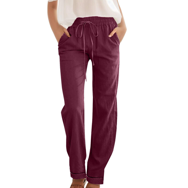 Pantalones informales holgados de pierna recta, Color sólido, cintura elástica, cordón, talla grande