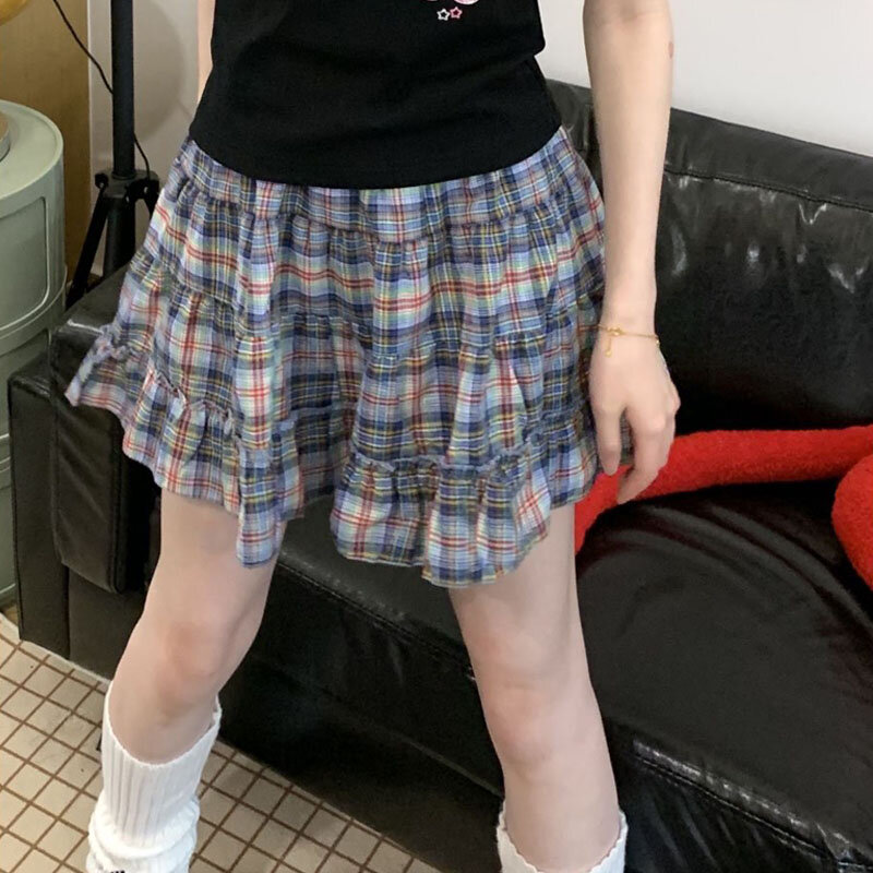 Женская клетчатая мини-юбка с оборками, в японском стиле