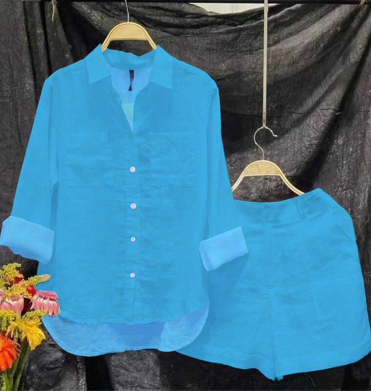 Conjunto de camisa de manga larga y pantalones cortos para mujer, ropa informal de lino y algodón, color blanco, verano, 2023