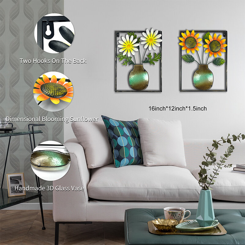 LIFFY 2Pack Metal Flowers Wall Decor Modern Metal Floral Wall Art Sculpture Sunflower Wall Decor for Indoor Living Room Bedroom