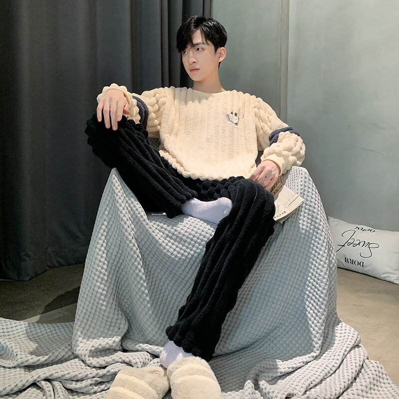Conjunto de pijama de franela gruesa y cálida para hombre, ropa de dormir de terciopelo Coral, moda coreana, traje de invierno, 2022