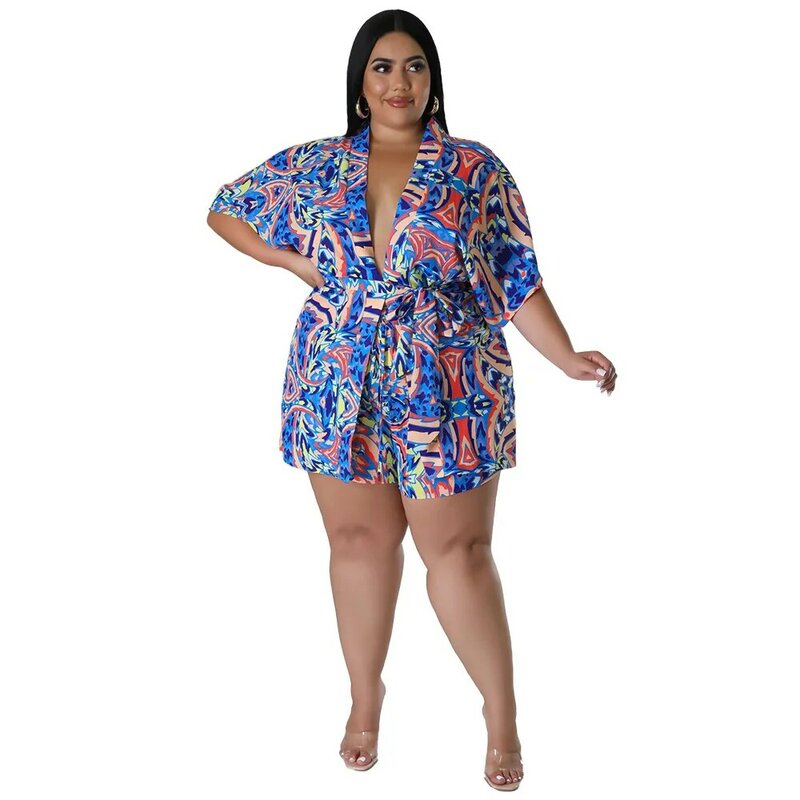 Plus Size Fashion Loose Printed Two Piece Shorts Set Summer Short Sleeve Lace Blouse Shorts Casual Tracksuit Streetwear Outfits