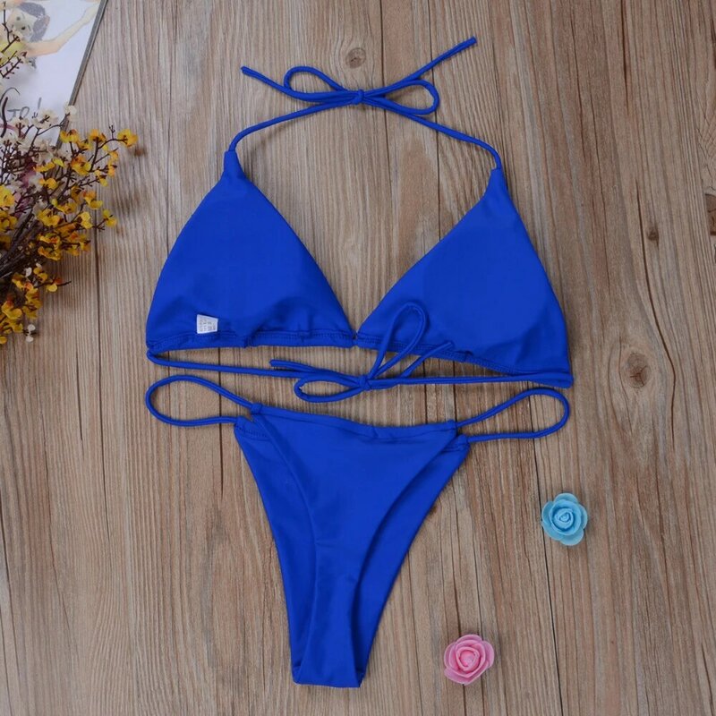 Conjunto de Bikini de estilo Bandage para mujer, traje de baño brasileño de 2 piezas con lazo lateral, Color liso