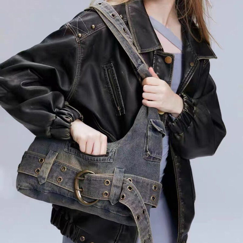 حقيبة كتف جينز مغسولة للنساء ، حقيبة يد متعددة الاستخدامات للسيدات ، حقيبة تحت الإبط غير رسمية ، حقيبة يد للتنقل ، موضة عصرية