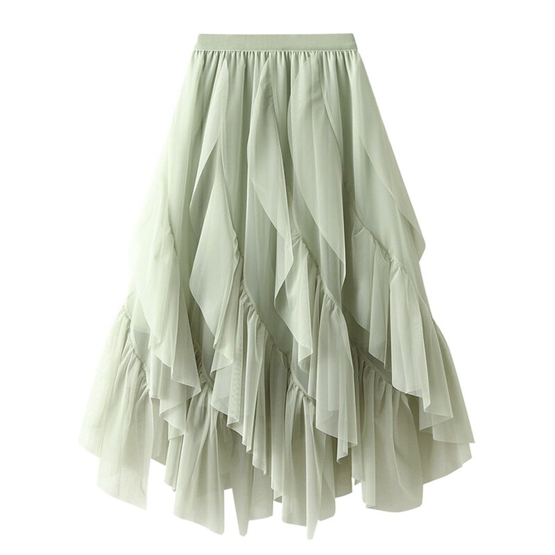 Ladies Aesthetic Contrast Tiered Tulle Maxi Skirt Women 2024 New Korean Fashion Irregular Hem High Waist Long Skirt Female Wear