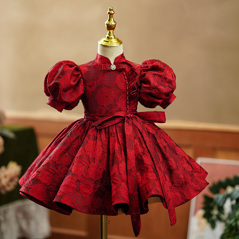Vestido formal de princesa infantil, Vestidos de primeira cerimônia de aniversário para bebês, Trajes formais de festa noturna, roupas vermelhas fofas para crianças