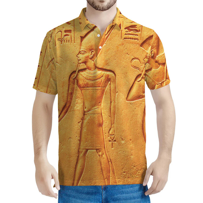 Polo con estampado 3D del Antiguo Egipto para hombre, camiseta con botones de tótem de los dioses egipcios, ropa de calle informal, camiseta de manga corta con solapa