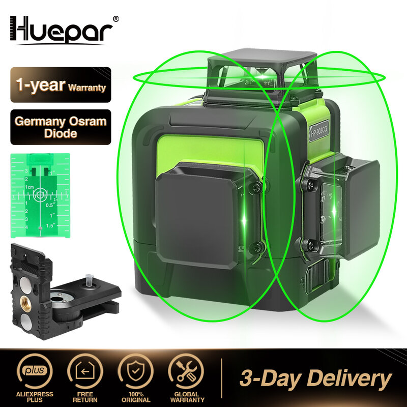 Huepar 12 خطوط ثلاثية الأبعاد عبر مستوى خط الليزر الأخضر شعاع الليزر خط التسوية الذاتية 360 الرأسي والأفقي عبر سوبر قوية
