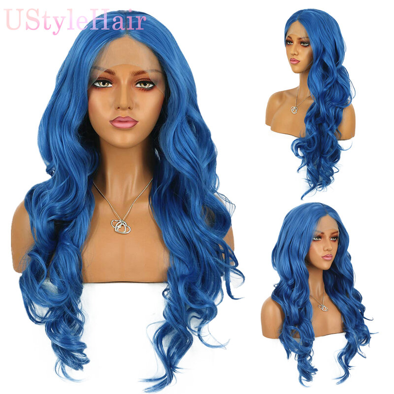 UStyleHair-Onda longa do corpo peruca sintética dianteira do laço para mulheres, cabelo rosa Cosplay, linha fina natural, uso diário