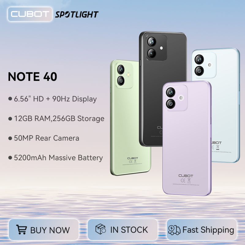 Cubot Note 40 스마트폰, 12GB(6GB + 6GB)+ 256GB 50MP 메인 카메라, 6.56 인치 HD 90Hz 디스플레이, 5200mAh 배터리, 페이스 ID GPS, 월드 프리미어