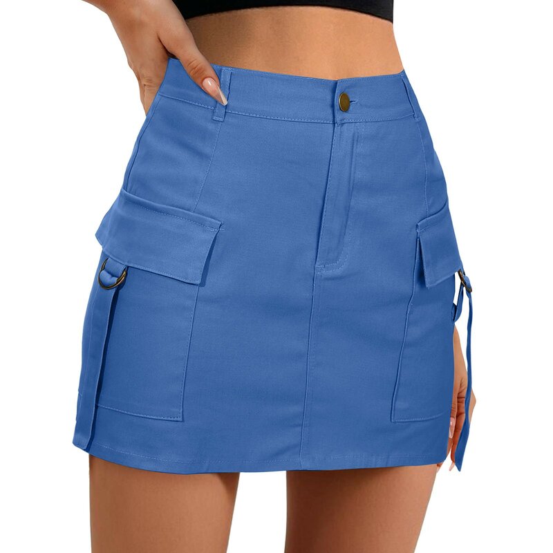 Mini jupe cargo taille basse pour femme, bouton, poche, ligne A, jupe décontractée, jupe métallique