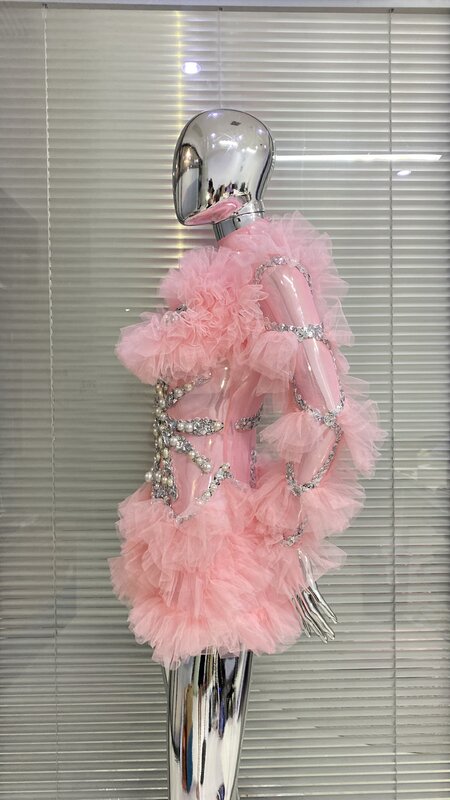 Lager rosa Farbe Frauen Langarm sexy Perle durch Bodycon Mini kleid Mode Nachtclub Party Performance Kostüm sehen