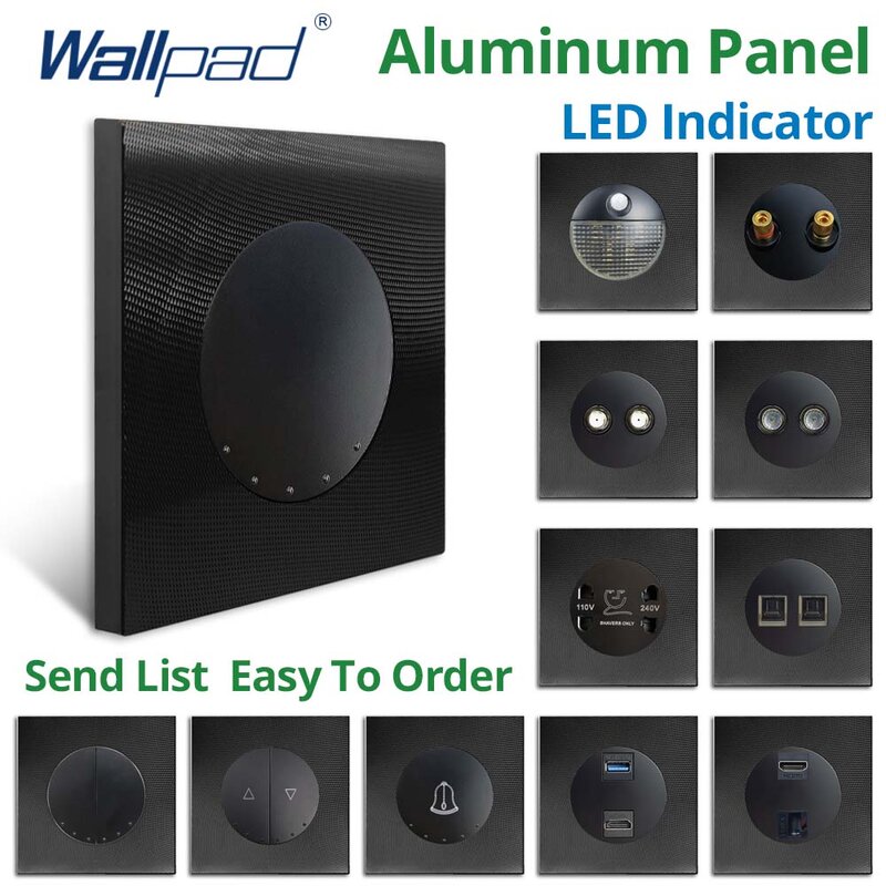 Wallpad-interruptor y enchufe de pared para cortina eléctrica, Panel de aluminio negro, botón redondo, USB, UE, Reino Unido, salida eléctrica, TV, TEL, RJ45