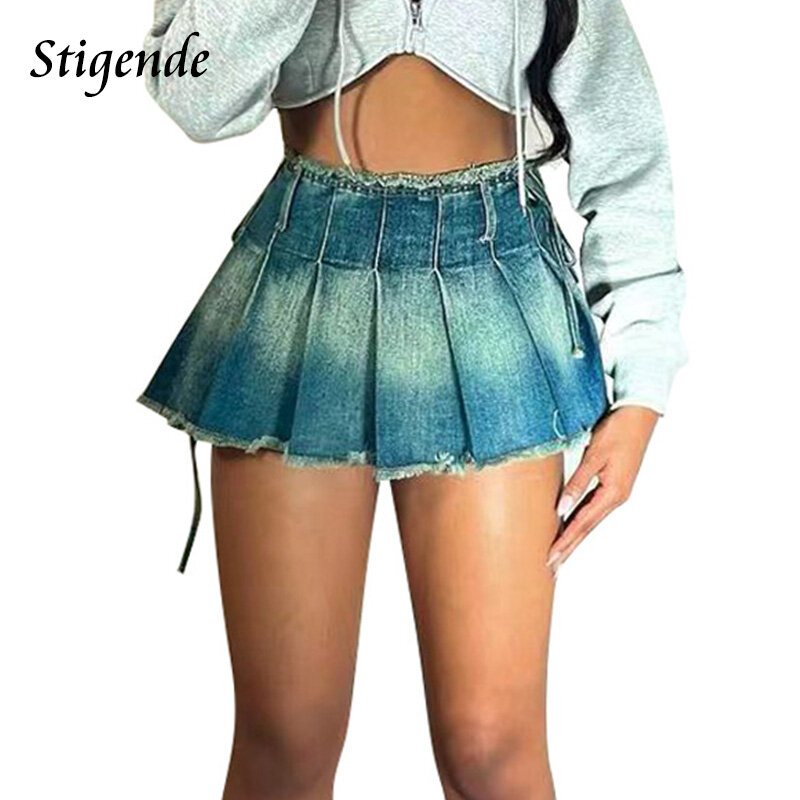 Женская джинсовая мини-юбка в складку, трапециевидной формы