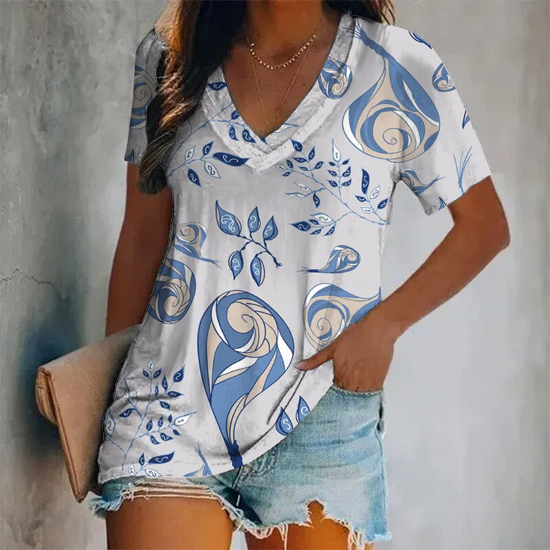Top Women's Top Y2K Style V-Neck Printed Feather Pattern Short-Sleeved T-Shirt Summer Casual Breathable Refreshing T-Shirt