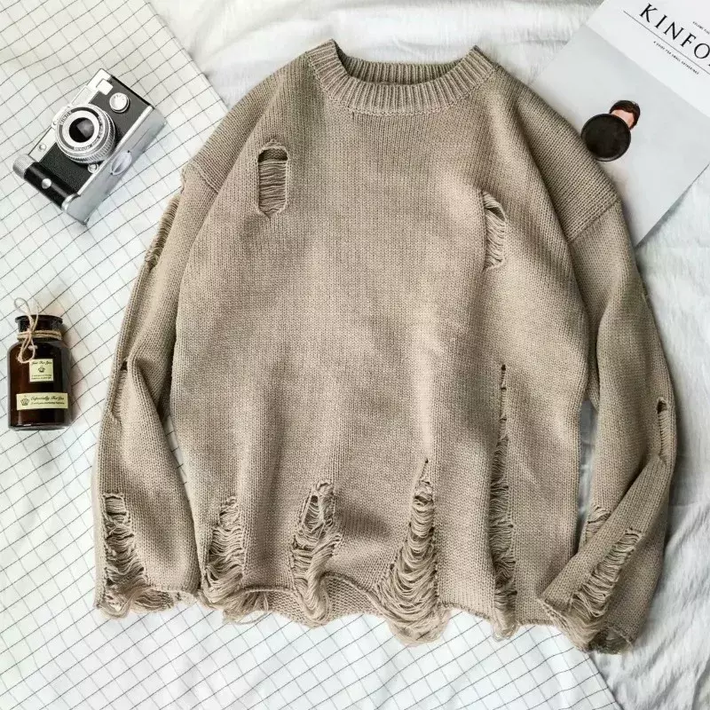 Sweater rajut pria wanita, pullover Hip Hop mode ukuran besar cocok untuk pria musim semi lubang cuci robek