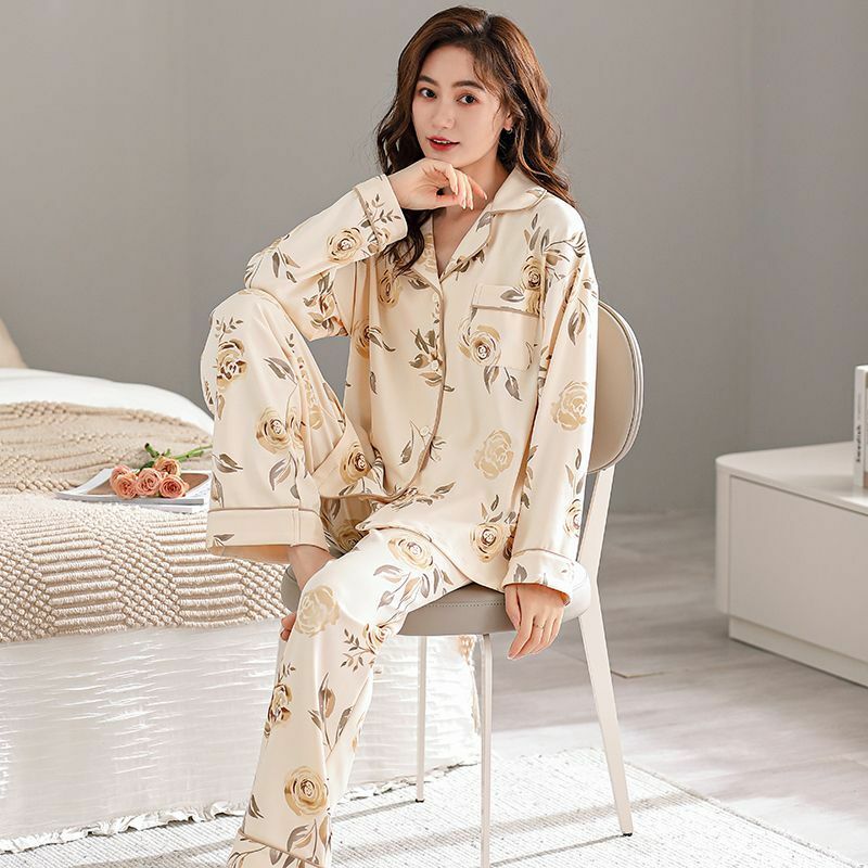 Sleepwear Women Spring Autumn Cotton Pajama Sets Long Sleeve Pants Pyjamas Korean Lapel Printed High-end Loungewear Suit New