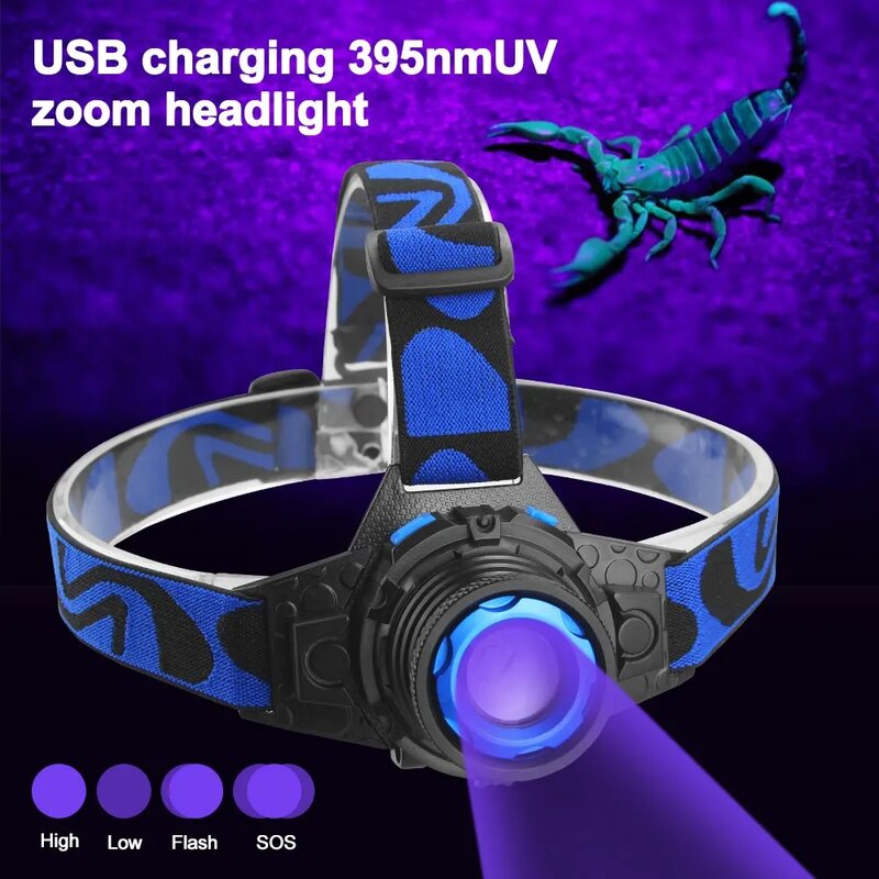 395nm UV Headlamp Ultraviolet Zoomable Headlight USB Rechargeable Purple Torch Catch Scorption Hunting Light Pet Urine Detector